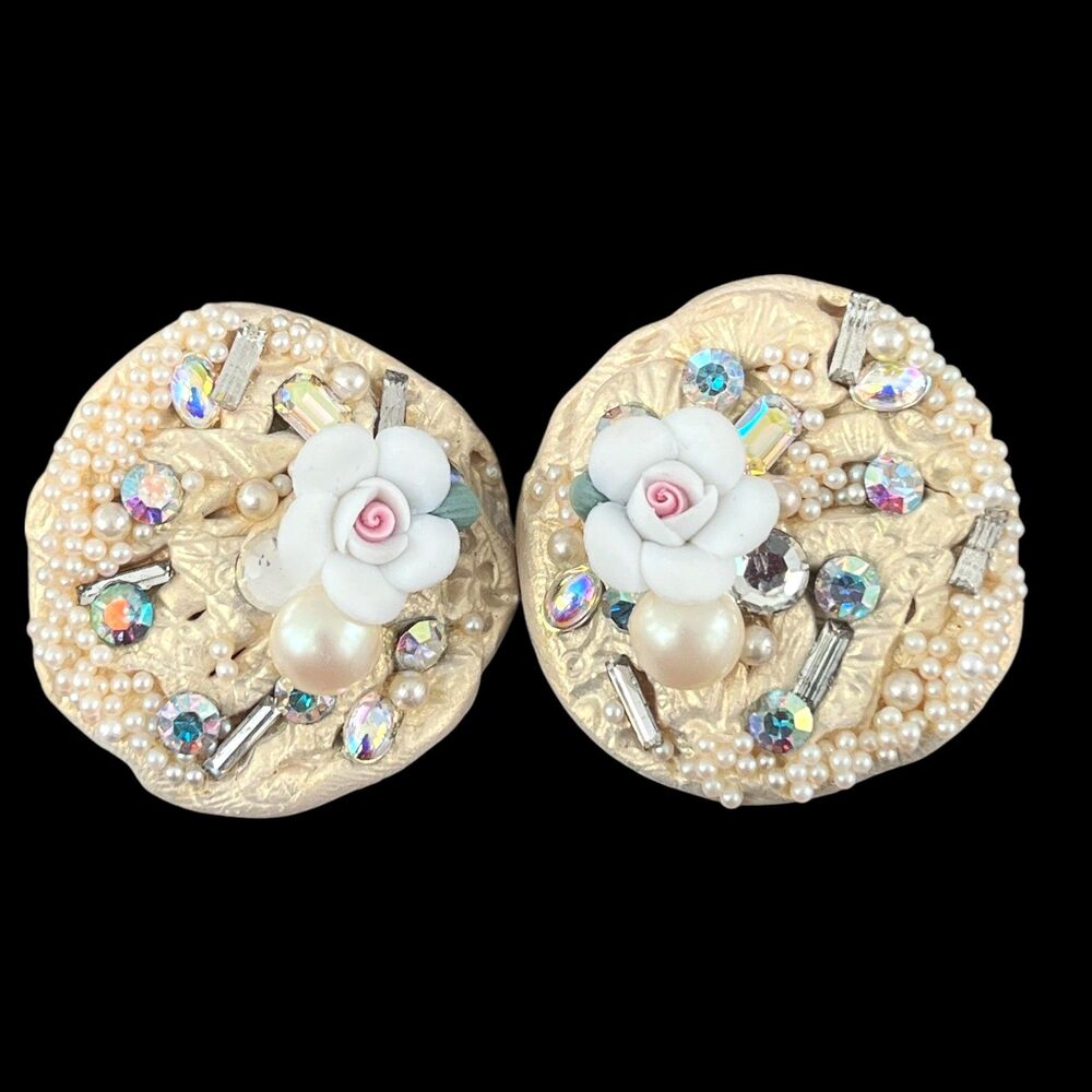 Vintage 1980s Statement Earrings Porcelain Rose Pearl Rhinestone Cluster - 3U